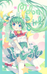 Rule 34 | 1girl, :|, bad id, bad pixiv id, blue eyes, blush, bow, closed mouth, clover4th, colored eyelashes, eyelashes, frilled thighhighs, frills, green hair, hair ribbon, highres, kneeling, leaning back, long hair, maid, mary janes, melon-chan, melonbooks, nyanya, open mouth, ribbon, shoes, solo, thighhighs, twintails, very long hair, white thighhighs, wrist cuffs, yellow bow, zettai ryouiki