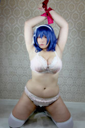 Rule 34 | armpits, arms up, bdsm, blue hair, bondage, bound, bra, breasts, chouzuki maryou, cosplay, hairband, hip focus, kneeling, large breasts, lingerie, photo (medium), plump, red eyes, seikon no qwaser, thick thighs, thighhighs, thighs, underwear, wide hips, yamanobe tomo