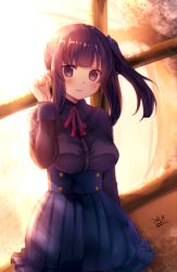 Rule 34 | 1girl, azu torako, blunt bangs, blush, breasts, brown eyes, brown hair, buttons, collar, dated, dress, hand on own ear, indoors, light rays, long sleeves, looking at viewer, original, plant, purple dress, red ribbon, ribbon, short hair, smile, solo, standing, sunlight, tree, window