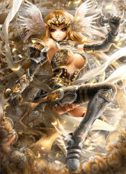 Rule 34 | 1girl, armor, blonde hair, breasts, cleavage cutout, clothing cutout, elbow gloves, faulds, flower, gloves, gradient hair, greaves, head wings, large breasts, long hair, magic knight, multicolored hair, nguy thuy ngan, orange hair, over shoulder, pauldrons, red eyes, ribbon, shoes, shoulder armor, single pauldron, single vambrace, smile, solo, sword, sword over shoulder, tiara, vambraces, very long hair, weapon, weapon over shoulder, winged footwear, wings