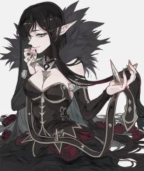 Rule 34 | 1girl, bare shoulders, black dress, black hair, breasts, closed mouth, detached sleeves, dress, ebanoniwa, fate/apocrypha, fate/grand order, fate (series), flower, food, fruit, fur collar, fur trim, holding, holding food, holding fruit, jewelry, long hair, looking at viewer, medium breasts, petals, pointy ears, red flower, red petals, rose, rose petals, semiramis (fate), simple background, slit pupils, solo, strawberry, upper body, very long hair, white background, yellow eyes