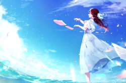Rule 34 | 1girl, blue sky, cloud, commentary request, dress, dress ribbon, floating hair, flying paper, hair ornament, highres, instrument, long hair, love live!, love live! sunshine!!, music, paper, pink bracelet, playing instrument, red hair, revision, ribbon, sakurauchi riko, scenery, sheet music, sky, toto (sa-dosama), wading, white dress, white ribbon