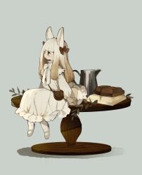 Rule 34 | 1girl, absurdres, animal ears, arms at sides, bag, blush, brown bag, chocolate, grey eyes, handbag, highres, light blush, long hair, looking ahead, mary janes, original, parted lips, pitcher (container), rabbit ears, rabbit girl, rabbit tail, sakutake (ue3sayu), shoes, sidelocks, sitting, sitting on table, solo, table, tail, white chocolate