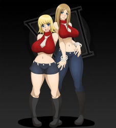 Rule 34 | 2girls, bare shoulders, blonde hair, blue eyes, blush, boots, breasts, denim, elizabeth thompson, female focus, hands on own hips, highres, jeans, large breasts, long hair, midriff, multiple girls, navel, necktie, ornament, pants, patricia thompson, short hair, shorts, siblings, sisters, size difference, smile, soul eater, sweater, thick thighs, thighs