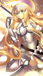 Rule 34 | 1girl, armor, armored dress, banner, black footwear, blonde hair, blue eyes, boots, breasts, breasts apart, dutch angle, fate/apocrypha, fate (series), floating hair, gauntlets, highres, holding, holding weapon, jeanne d&#039;arc (fate), jeanne d&#039;arc (ruler) (fate), jeanne d&#039;arc (third ascension) (fate), large breasts, long hair, paperfinger, petals, solo, standing, thigh boots, thighhighs, very long hair, weapon
