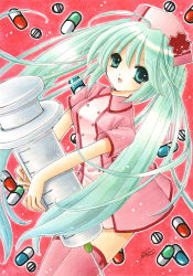 Rule 34 | 1girl, asapon, dress, drugs, green eyes, green hair, hat, hatsune miku, koiiro byoutou (vocaloid), large syringe, long hair, marker (medium), matching hair/eyes, nurse, nurse cap, oversized object, pill, pink thighhighs, solo, syringe, thighhighs, traditional media, twintails, very long hair, vocaloid
