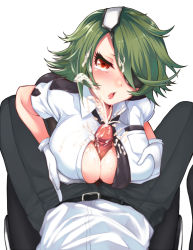 Rule 34 | 1boy, 1girl, anjou haruki, bad id, bad pixiv id, between breasts, blush, breasts, breasts squeezed together, cleavage, cleavage cutout, clothing cutout, cum, cum on hair, ejaculation, eyepatch, facial, gloves, green hair, hair ornament, hair over one eye, hat, hetero, horosuke, impossible clothes, impossible shirt, large breasts, necktie, no headwear, open mouth, orange eyes, otonashi kiruko, paizuri, paizuri under clothes, pantyhose, penis, police, police uniform, policewoman, pov, red eyes, ringed eyes, shinmai fukei kiruko-san, shirt, short hair, simple background, skirt, tears, uncensored, uniform, white background, white gloves