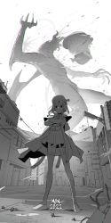 Rule 34 | 1girl, 2022, absurdres, artofmiin, crossed arms, eldritch abomination, greyscale, hair ornament, highres, hololive, hololive english, monochrome, outdoors, simple background, smol ame, standing, virtual youtuber, watson amelia, white background