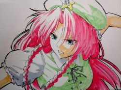 Rule 34 | 1girl, ballpoint pen (medium), beluo77, blue eyes, braid, chinese clothes, fighting stance, hat, hong meiling, long hair, marker (medium), red hair, sketch, solo, star (symbol), sweat, touhou, traditional media, twin braids