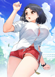Rule 34 | 1girl, arm at side, arm up, black hair, blue sky, blush, bra, bracelet, breasts, brown eyes, button gap, cameltoe, cleavage, cloud, commentary, day, dress shirt, earphones, female pubic hair, from below, gao (gaolukchup), gym uniform, hair ornament, hairclip, jewelry, jogging, large breasts, no panties, open mouth, original, outdoors, pink bra, pubic hair, pubic hair peek, red shorts, shirt, short hair, short shorts, short sleeves, shorts, signature, sky, solo, sweat, teeth, thighs, underwear, upper teeth only, watermark, white shirt
