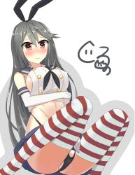 Rule 34 | 10s, black panties, blush, breasts, brown eyes, cosplay, elbow gloves, embarrassed, gloves, grey hair, hair ornament, hair ribbon, hairclip, haruna (kancolle), kantai collection, large breasts, long hair, navel, panties, ribbon, shimakaze (kancolle), shimakaze (kancolle) (cosplay), shiruhino, sideboob, simple background, solo, striped clothes, striped thighhighs, thighhighs, underwear