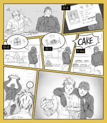 Rule 34 | !, ..., 2boys, aikawa (dorohedoro), arm around shoulder, baseball cap, box, cake, colored tips, couple, dorohedoro, facial mark, food, gas mask, gift, gift box, greyscale with colored background, happy, hat, holding, holding cake, holding food, id card, jacket, jade drop, male focus, mask, meat, medium sideburns, multicolored hair, multiple boys, no eyebrows, risu (dorohedoro), selfie, spoken exclamation mark, spoken object, squiggle, thick eyebrows, yaoi