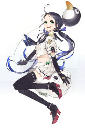 Rule 34 | 10s, 1girl, ahoge, balloon, bird, black gloves, black thighhighs, blue eyes, blue hair, elbow gloves, failure penguin, gloves, green eyes, hair ribbon, highres, kantai collection, long hair, low twintails, matching hair/eyes, miss cloud, open mouth, penguin, personification, pleated skirt, ribbon, school uniform, serafuku, skirt, smile, solo, suzukaze (kancolle), suzume yuu, thighhighs, twintails