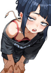 1girl absurdres audio_jack black_eyes black_hair black_sweater blunt_bangs boku_no_hero_academia bra breasts commentary downblouse english_commentary extended_downblouse hands_on_own_knees highres jirou_kyouka leaning_forward long_earlobes looking_at_viewer nipples off_shoulder open_mouth short_hair small_breasts solo sweater underwear white_background zd_(pixiv6210083)