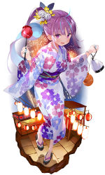 Rule 34 | 1girl, ahoge, bag, blue hair, blush, breasts, candy, candy apple, commentary request, floral print, flower, food, full body, gaou (umaiyo puyoman), hair flower, hair ornament, hair ribbon, holding, hololive, japanese clothes, kimono, lamp, long hair, long sleeves, looking at viewer, medium breasts, minato aqua, multicolored hair, nail polish, pink nails, purple eyes, purple hair, ribbon, smile, solo, two-tone hair, virtual youtuber, white flower, wide sleeves, yellow flower, yukata
