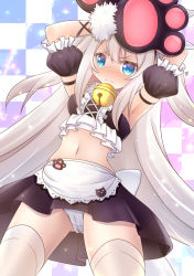 Rule 34 | 1girl, animal hands, apron, armpits, arms up, azur lane, bandeau, bare shoulders, bell, black skirt, blue eyes, blush, breasts, checkered background, commentary request, cowboy shot, detached sleeves, frown, gloves, hair between eyes, hammann (azur lane), hammann (hammanyan pawnch!) (azur lane), highres, idol, jingle bell, long hair, looking at viewer, medium breasts, midriff, mirun (funimani), navel, nose blush, official alternate costume, panties, pantyshot, paw gloves, paw shoes, puffy detached sleeves, puffy sleeves, ribbon, shoes, sidelocks, signature, skirt, solo, sparkle, standing, thighhighs, underwear, very long hair, waist apron, white hair, white panties, white thighhighs, wrist ribbon