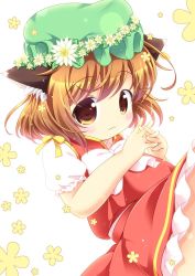 Rule 34 | 1girl, :3, animal ears, bow, brown eyes, brown hair, cat ears, chen, closed mouth, green hat, hat, mob cap, pila-pela, short hair, short sleeves, simple background, solo, touhou, white bow