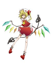 Rule 34 | 1girl, anime coloring, arms behind back, bad id, bad pixiv id, blonde hair, female focus, flandre scarlet, hat, laevatein, legs, mihaya (a-ta-i), pigeon-toed, shoes, side ponytail, smile, solo, embodiment of scarlet devil, touhou, wings