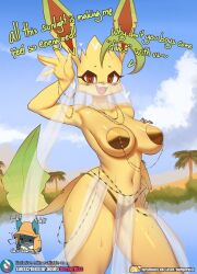 Rule 34 | 1girl, belly dancer, breasts, burgerkiss, cleft of venus, creatures (company), dancer, game freak, gen 4 pokemon, heart, heart-shaped pupils, jewelry, large breasts, leafeon, lucario, mouth veil, nintendo, pokemon, pokemon (creature), symbol-shaped pupils, veil