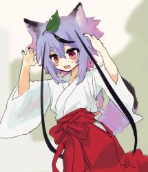 Rule 34 | 1girl, alternate costume, animal ears, arms up, black hair, black nails, blurry, blurry background, blush, bow, braid, cowboy shot, double-parted bangs, fang, fox ears, fox tail, gradient hair, hair between eyes, hair bow, hakama, hakama skirt, highres, hikimayu, ishitsuki ( 0101 831), japanese clothes, kemonomimi mode, kimono, leaf, leaf on head, long hair, meika mikoto, miko, multicolored hair, one-hour drawing challenge, open mouth, pink hair, purple hair, raised eyebrows, red eyes, red hakama, skirt, solo, streaked hair, sweatdrop, tail, thick eyebrows, vocaloid, white bow, white kimono, wide sleeves