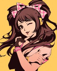 Rule 34 | 1girl, bangle, bow, bracelet, breasts, brown eyes, brown hair, cleavage, clothing cutout, crossed arms, finger to mouth, fingerless gloves, gloves, hair bow, half updo, heart cutout, jewelry, kujikawa rise, long hair, looking at viewer, medium breasts, moshimoshibe, one eye closed, parted lips, persona, persona 4, persona 4: dancing all night, persona dancing, pink bow, portrait, shirt, short sleeves, single glove, smile, solo, upper body, white shirt, yellow background