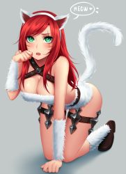 Rule 34 | 1girl, all fours, animal ears, bandeau, bare shoulders, blush, breasts, cat ears, cat tail, cleavage, english text, facepaint, facial mark, fake animal ears, full body, fur trim, green eyes, grey background, heart, katarina (league of legends), kitty cat katarina, league of legends, bridal garter, long hair, looking at viewer, open mouth, paw pose, pet play, red hair, simple background, solo, speech bubble, spichis, spoken heart, tail
