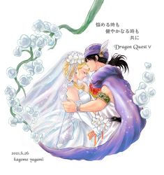 Rule 34 | 1girl, armlet, bare shoulders, bianca (dq5), black hair, blonde hair, blush, bouquet, bracelet, braid, breasts, bridal veil, bride, cape, copyright name, dated, defense zero, dragon quest, dragon quest v, dress, earrings, elbow gloves, closed eyes, flower, from side, gloves, hair flower, hair ornament, hair over shoulder, hero (dq5), hetero, jewelry, kiss, kissing forehead, long hair, single braid, smile, solo, square enix, veil, wedding dress, white background, white dress, white flower, white gloves