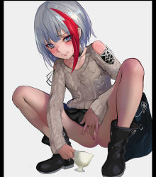Rule 34 | 1girl, absurdres, admiral graf spee (azur lane), admiral graf spee (peaceful daily life) (azur lane), aran sweater, azur lane, bad id, bad pixiv id, bag, bare shoulders, black choker, black footwear, black skirt, blue eyes, blush, boots, brown sweater, cable knit, choker, closed mouth, clothing cutout, collarbone, commentary request, cup, dikko, female masturbation, fingernails, full body, has bad revision, has censored revision, heart, heart-shaped pupils, highres, holding, holding cup, long sleeves, looking at viewer, masturbation, multicolored hair, pleated skirt, pussy, red hair, school bag, shoulder cutout, sidelocks, silver hair, skirt, sleeves past wrists, solo, spread legs, squatting, streaked hair, sweater, symbol-shaped pupils, teacup, uncensored