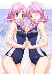 Rule 34 | 2girls, antenna hair, blue eyes, breast press, breasts, front ponytail, hair ribbon, holding hands, multiple girls, one-piece swimsuit, one eye closed, pink hair, purple one-piece swimsuit, purple school swimsuit, ribbon, school swimsuit, shirayuki maho, shirayuki miho, shiruko, siblings, single vertical stripe, sisters, smile, swimsuit, symmetrical docking, symmetry, tokimeki memorial, tokimeki memorial 2, twins, wink, zoom layer