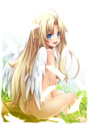 Rule 34 | 1girl, :d, @hina, ahoge, angel wings, ass, between legs, blonde hair, blue eyes, completely nude, convenient censoring, feathered wings, filo (tate no yuusha no nariagari), hair between eyes, hair intakes, hand between legs, highres, long hair, looking at viewer, nude, open mouth, outdoors, simple background, sitting, smile, solo, tate no yuusha no nariagari, very long hair, white background, white wings, wings