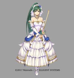 Rule 34 | 1girl, 2017, blush, breasts, bride, dress, fire emblem, fire emblem: the blazing blade, fire emblem heroes, full body, green eyes, green hair, high ponytail, long hair, looking at viewer, lyn (bridal) (fire emblem), lyn (fire emblem), nintendo, official art, ponytail, smile, solo, very long hair, weapon, wedding dress, yamada koutarou