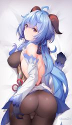 Rule 34 | 1girl, ahoge, ass, ass grab, ass support, bare shoulders, blue hair, blush, bodysuit, breasts, deep skin, detached sleeves, from behind, ganyu (genshin impact), genshin impact, gloves, goat horns, half-closed eyes, hand on own ass, highres, horns, large breasts, leotard, long hair, looking at viewer, looking back, pantyhose, purple eyes, shiny clothes, shiny skin, showerz, sideboob, smile, solo, very long hair, waist cape