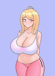 Rule 34 | 1girl, ahoge, akamatsu kaede, alternate costume, arms behind back, bare stomach, black stripes, blonde hair, blush, bra, breasts, carfound, cleavage, collarbone, danganronpa (series), danganronpa v3: killing harmony, eyelashes, female focus, fortissimo, grin, hair ornament, highres, huge breasts, large breasts, looking at viewer, low-cut, low waistline, lower teeth only, multicolored clothes, musical note, musical note hair ornament, navel, pants, parted bangs, pink legwear, pink pants, purple background, purple eyes, simple background, smile, solo, sports bra, sportswear, standing, striped legwear, sweatpants, tagme, teeth, toothy grin, underwear, upper body, upper teeth only, white bra, white sports bra, white stripes