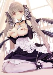 Rule 34 | 1girl, amacha, azur lane, bare shoulders, between breasts, black dress, black footwear, blush, breasts, breasts out, cleavage, covering privates, covering nipples, day, dress, earrings, flight deck, formidable (azur lane), frilled dress, frills, grey hair, hair ribbon, high heels, highres, indoors, jewelry, large breasts, long hair, long sleeves, looking at viewer, nail polish, pantyhose, red eyes, ribbon, rigging, sitting, solo, twintails, two-tone dress, two-tone ribbon, very long hair, wariza, white pantyhose, window