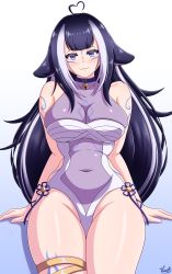 Rule 34 | 1girl, :3, absurdres, animal ears, arm tattoo, belt collar, black hair, blue collar, breasts, chest tattoo, cleavage, collar, commentary, covered navel, english commentary, facial tattoo, highres, indie virtual youtuber, large breasts, leg tattoo, long hair, looking at viewer, multicolored hair, navel, one-piece swimsuit, orca girl, purple eyes, see-through, see-through cleavage, see-through swimsuit, shylily, shylily (3rd costume), stomach, streaked hair, swimsuit, tail, tattoo, thigh strap, thighs, virtual youtuber, vlack, white hair, white one-piece swimsuit
