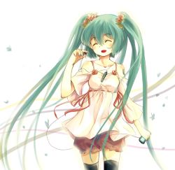 Rule 34 | 1girl, bad id, bad pixiv id, closed eyes, digital media player, earbuds, earphones, female focus, flower, green hair, hair flower, hair ornament, hatsune miku, long hair, simple background, smile, solo, thighhighs, twintails, very long hair, vocaloid, white background, zhao shuwen