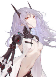 Rule 34 | 1girl, android, breasts, commentary, cropped, english commentary, expressionless, facial mark, grey hair, joints, long hair, looking at viewer, lunaplum, mechanical arms, navel, original, red eyes, revealing clothes, robot joints, science fiction, single mechanical arm, small breasts, solo, white background