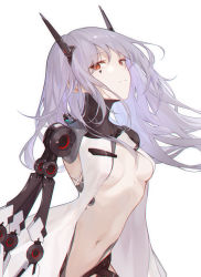 1girl android breasts commentary cropped english_commentary expressionless facial_mark grey_hair joints long_hair looking_at_viewer lunaplum mechanical_arms navel original red_eyes revealing_clothes robot_joints science_fiction single_mechanical_arm small_breasts solo white_background