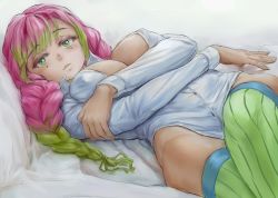 Rule 34 | 1girl, bed sheet, breasts, cleavage, collared shirt, eyeshadow, gradient hair, green eyes, green hair, green thighhighs, highres, iskanderednaksi, kanroji mitsuri, kimetsu no yaiba, large breasts, looking at viewer, lying, makeup, mole, mole under eye, multicolored hair, no pants, on back, partially unbuttoned, pink hair, shirt, simple background, solo, thighhighs, tri braids, unbuttoned, unbuttoned shirt, white background, white shirt