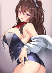 Rule 34 | 1girl, ass, bare shoulders, blush, breasts, brown hair, clothes lift, curvy, ddalrim, from side, hair ribbon, hand on own hip, highres, jacket, jacket partially removed, large breasts, looking at viewer, naughty face, open mouth, original, purple eyes, red ribbon, ribbon, shiny skin, skirt, skirt lift, solo