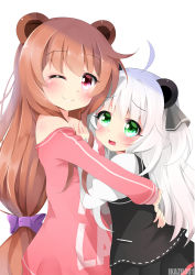 Rule 34 | 2girls, ;), ahoge, animal ears, bare shoulders, bear ears, black dress, blush, bow, brown hair, closed mouth, commentary, dress, green eyes, grey ribbon, hair between eyes, hair bow, hair ribbon, ikazu401, long hair, looking at viewer, multiple girls, off-shoulder shirt, off shoulder, one eye closed, one side up, original, panda ears, parted lips, pink shirt, purple bow, purple eyes, ribbon, shirt, silver hair, simple background, smile, very long hair, white background, white shirt