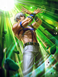 Rule 34 | 1boy, abs, arms up, bare pectorals, biceps, chest tattoo, crossed arms, energy ball, glowing, highres, looking at viewer, male focus, manly, muscular, muscular male, official art, open hands, orochi (kof), outstretched arms, pants, pectorals, snk, solo, tattoo, the king of fighters, the king of fighters &#039;97, the king of fighters all-stars, white hair, white pants
