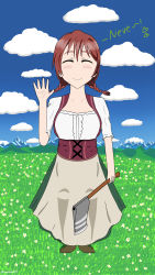 Rule 34 | 1girl, absurdres, apron, artist name, artist request, axe, blue sky, blush, braid, breasts, brown apron, brown footwear, brown hair, center frills, cleavage, closed eyes, cloud, collarbone, corset, day, dress, emma verde, female focus, field, flower, flower field, freckles, frills, german clothes, grass, green skirt, hair between eyes, hair tie, hand wave, highres, holding, holding axe, long hair, looking at viewer, love live!, love live! nijigasaki high school idol club, love live! school idol festival, medium breasts, miniskirt, mountain, on grass, outdoors, parted lips, plaid, plaid dress, plaid skirt, pleated, pleated dress, pleated skirt, red corset, red hair, shoes, short hair, short sleeves, skirt, sky, smile, solo, twin braids, twintails, white dress