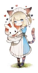 Rule 34 | 1girl, :3, animal ears, apron, blonde hair, blue dress, blue eyes, blush, bow, cat ears, cat girl, cat tail, commentary request, doll joints, dress, frilled dress, frills, full body, grass, heart, highres, holding, holding stuffed toy, joints, looking at viewer, maid headdress, original, pantyhose, ribbon, sakutake (ue3sayu), solo, striped clothes, striped pantyhose, striped tail, stuffed animal, stuffed rabbit, stuffed toy, tail, white ribbon