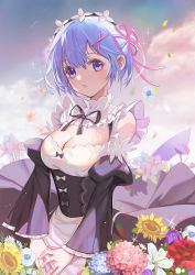Rule 34 | 1girl, bare shoulders, black dress, black ribbon, blue eyes, blue hair, blush, breasts, cleavage, commentary request, detached sleeves, dress, flower, frills, hair ornament, hair over one eye, hair ribbon, haitu, highres, juliet sleeves, large breasts, long sleeves, looking at viewer, maid, maid headdress, medium breasts, outdoors, own hands together, parted lips, petals, pink ribbon, puffy sleeves, re:zero kara hajimeru isekai seikatsu, rem (re:zero), revision, ribbon, roswaal mansion maid uniform, short hair, solo, teeth, white flower, x hair ornament, yellow flower