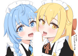 Rule 34 | 1boy, 2girls, apron, black dress, blank censor, blonde hair, blue eyes, blue hair, blue necktie, censored, commentary, cooperative fellatio, cowlick, dress, fang, fellatio, frilled apron, frills, hair between eyes, junes, kantai collection, licking, licking penis, looking at viewer, maid, maid apron, maid headdress, minazuki (kancolle), multiple girls, neck ribbon, necktie, open mouth, oral, paid reward available, penis, red ribbon, ribbon, satsuki (kancolle), simple background, skin fang, teeth, tongue, tongue out, translation request, upper teeth only, white apron, white background, yellow eyes