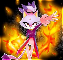 Rule 34 | 1girl, absurdres, animal ears, blaze the cat, cat ears, cat girl, cat tail, eyelashes, fire, forehead jewel, fur-trimmed gloves, fur trim, furry, furry female, gloves, gold necklace, hand up, highres, jacket, jewelry, looking at viewer, necklace, pants, purple fur, purple jacket, pyrokinesis, sonic (series), tail, white gloves, white pants, xxkenthewolfxx, yellow eyes