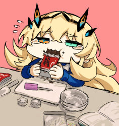 Rule 34 | 1girl, blonde hair, chibi, chocolate, chocolate making, cutting board, eating, failure, barghest (fate), fate/grand order, fate (series), kitchen knife, long hair, melon22, pink background, spatula, tears