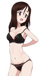 1girl black_bra black_panties blue_eyes blush bra breasts brown_hair collarbone girls_und_panzer kayabakoro lace large_breasts lingerie long_hair megumi_(girls_und_panzer) navel open_mouth panties simple_background smile solo underwear white_background