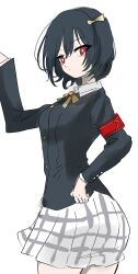 1girl arm_up armband black_hair black_jacket bob_cut bright_pupils closed_mouth collared_shirt commentary cowboy_shot dress_shirt grey_skirt hair_ribbon hand_on_own_hip highres jacket jin_(oihlf) long_sleeves looking_at_viewer love_live! love_live!_nijigasaki_high_school_idol_club mifune_shioriko miniskirt neck_ribbon nijigasaki_school_uniform plaid_clothes plaid_skirt pleated_skirt red_armband red_eyes ribbon school_uniform shirt short_hair simple_background skirt solo white_background white_pupils white_shirt white_skirt winter_uniform yellow_ribbon